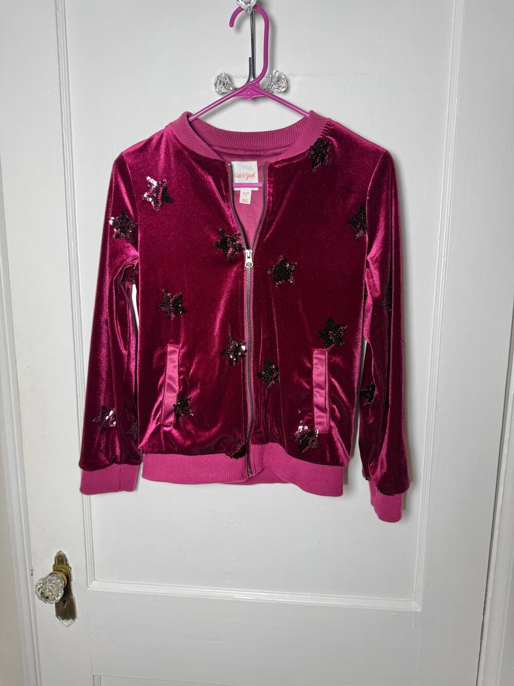 Cat & Jack Burgundy Pink Velour Bomber Star Sequin Jacket Kid's Size XL